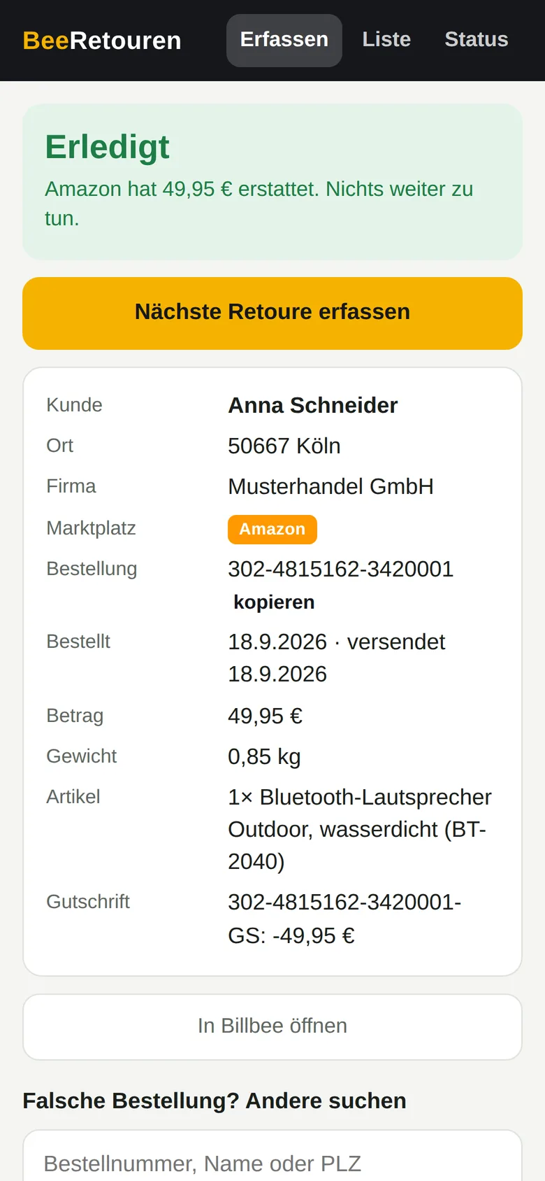 BeeRetouren: Retoure automatisch zugeordnet, Status Erledigt