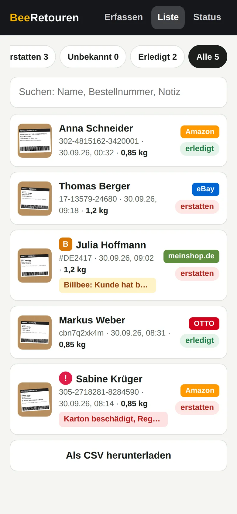 Liste aller Retouren mit Marktplatz, Status, Gewicht und Notizen