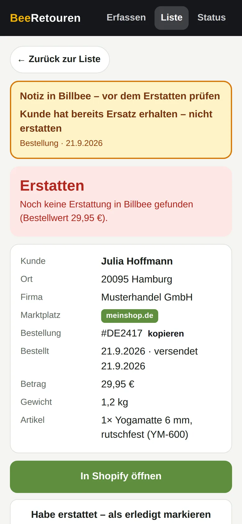 Hinweis auf eine Notiz aus Billbee vor dem Erstatten